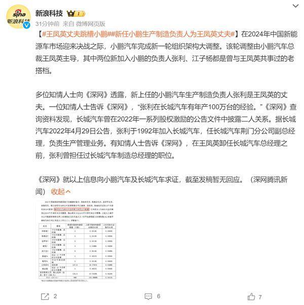 小鹏总裁王凤英丈夫被曝跳槽小鹏 负责小鹏汽车生产制造