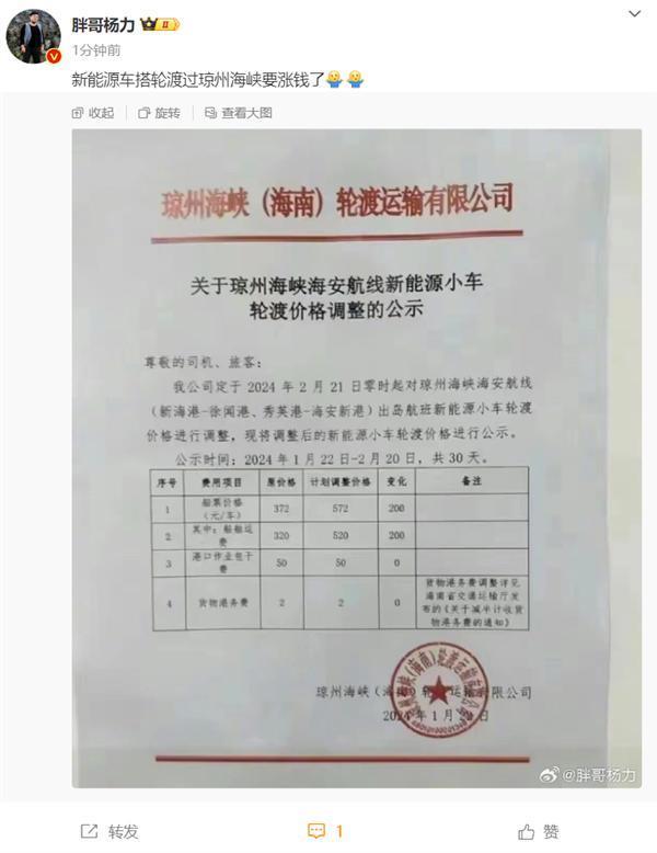 新能源车出海南岛船票将涨200元 网友：因为不加油么