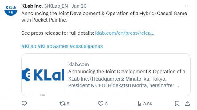 KLab株式会社宣布与《幻兽帕鲁》开发商共同开发混合休闲手游