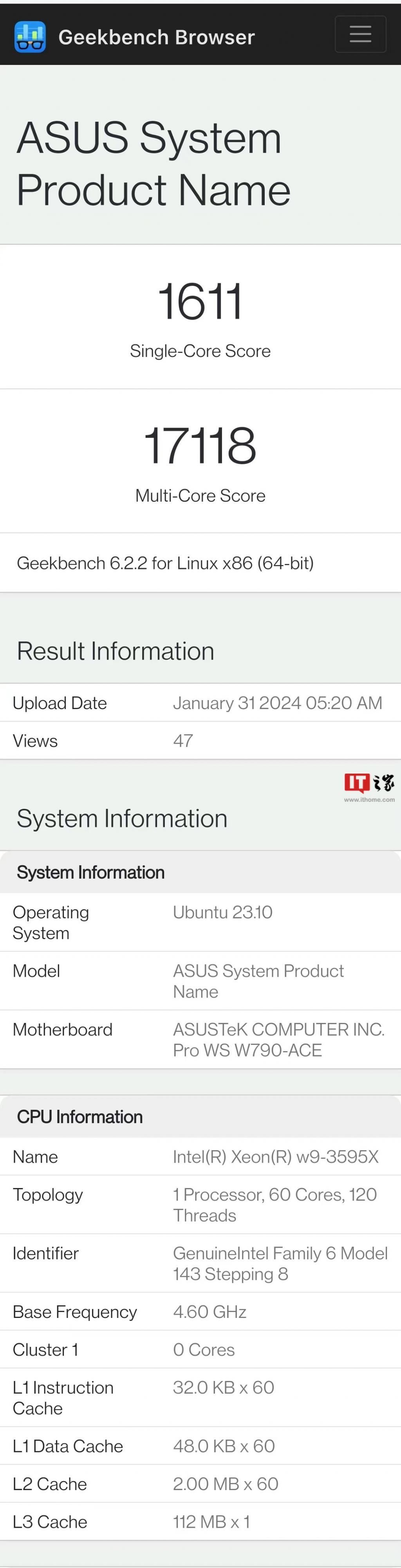 英特尔至强 W9-3595X 处理器现身 Geekbench