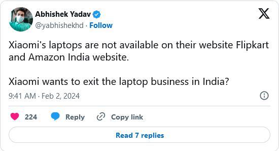小米要退出印度笔记本市场？产品均售罄、官网导航条移除相关栏目
