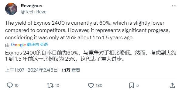 消息称三星 Exynos 2400 芯片良率达 60%，一年多以前仅为 25%