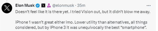 马斯克评价苹果Vision Pro：并不震惊 iPhone都不咋样