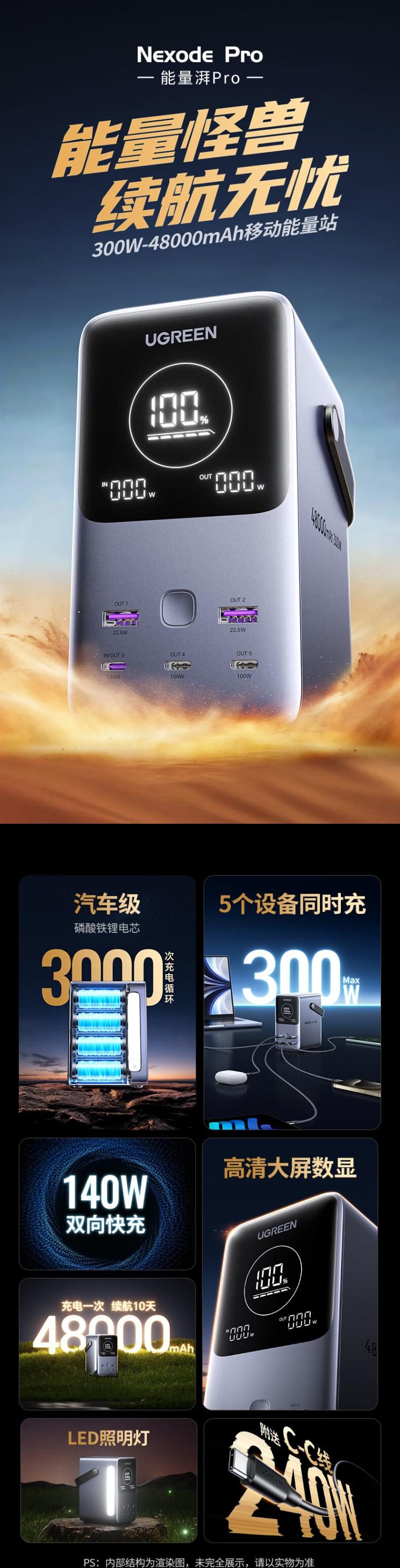 绿联推出300W双向快充磷酸铁锂移动电源：48000mAh容量