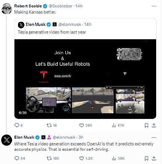 马斯克:特斯拉视频生成技术全球第一,比OpenAI更牛!
