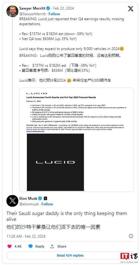 马斯克犀利点评竞争对手：Lucid靠沙特金主续命，Rivian命不久矣