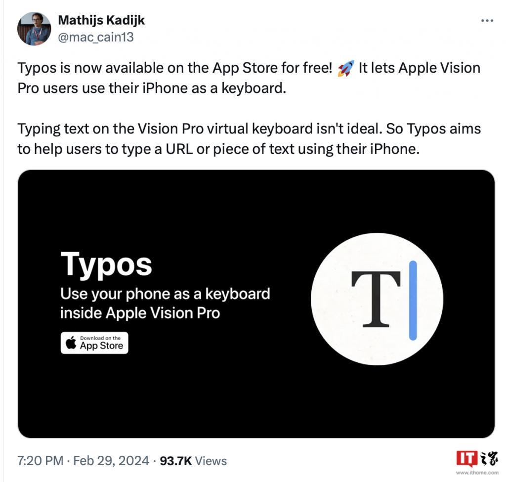 第三方开发者为 Vision Pro 打造“在 iPhone 上输入文字”应用