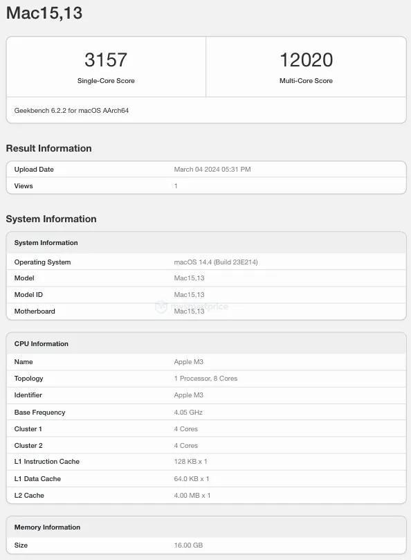 苹果最强轻薄本！M3版MacBook Air跑分出炉