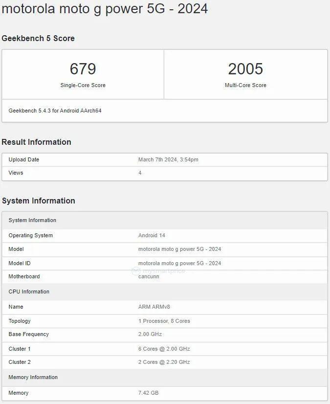 2024 款 Moto G Power 5G 手机跑分曝光：天玑 7020 8GB 内存