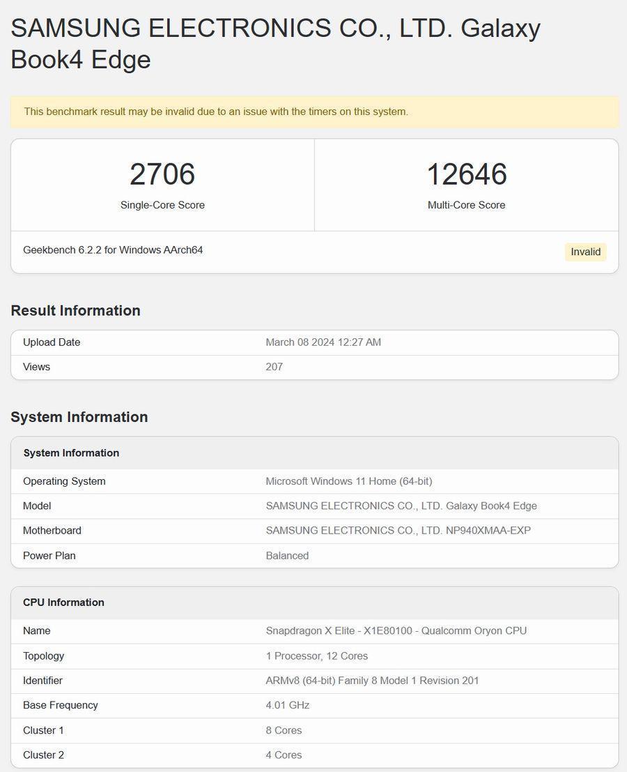 搭载骁龙 X Elite 芯片，三星 Galaxy Book4 Edge 笔记本跑分曝光
