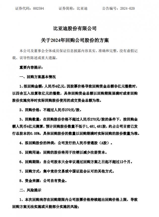 比亚迪：拟以 4 亿元回购公司股份，用于注销以减少注册资本