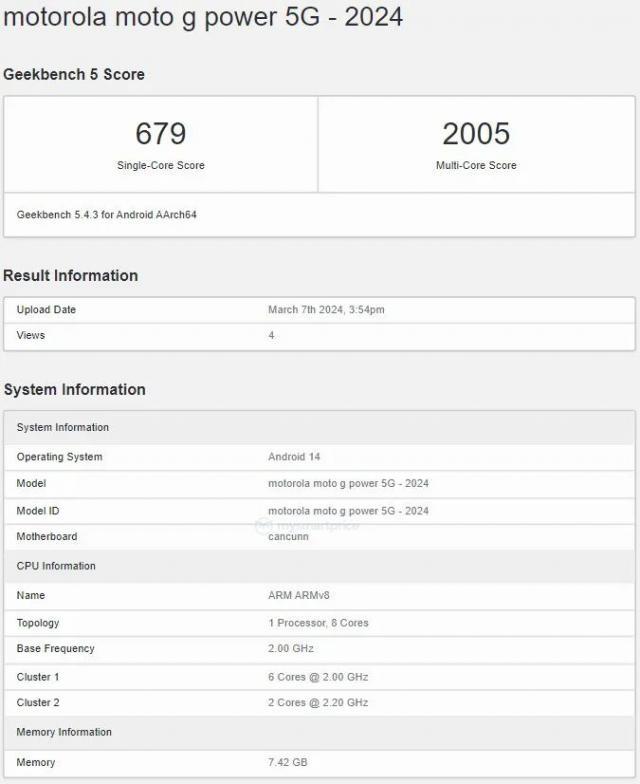 2024 款 Moto G Power 5G 手机跑分曝光：天玑 7020 8GB 内存